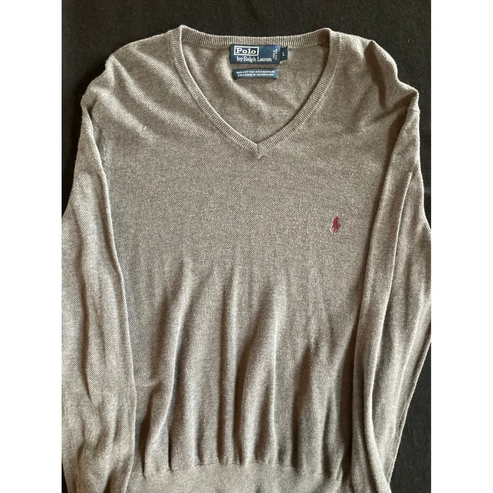 Polo Ralph Lauren Men Grey Cotton Cashmere V-Neck Sweater Large Pony Logo L
